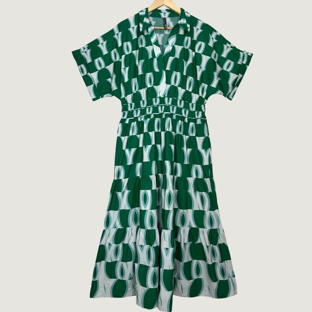 Anthropologie Somerset Maxi Shirt Dress Large Green Geometric Tiered Scandi - Picture 3 of 15
